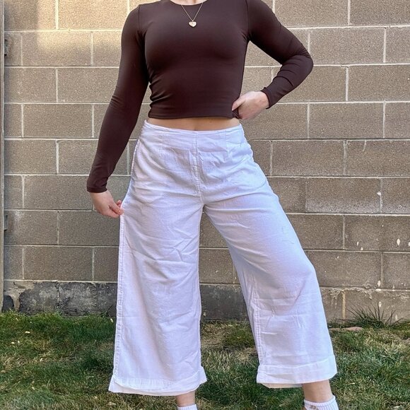 White Linen Pants Womens Large Wide Leg Roxy Fisherman - Picture 9 of 9